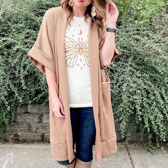 enclothe Sweaters - Long Ribbed Cardigan in Camel